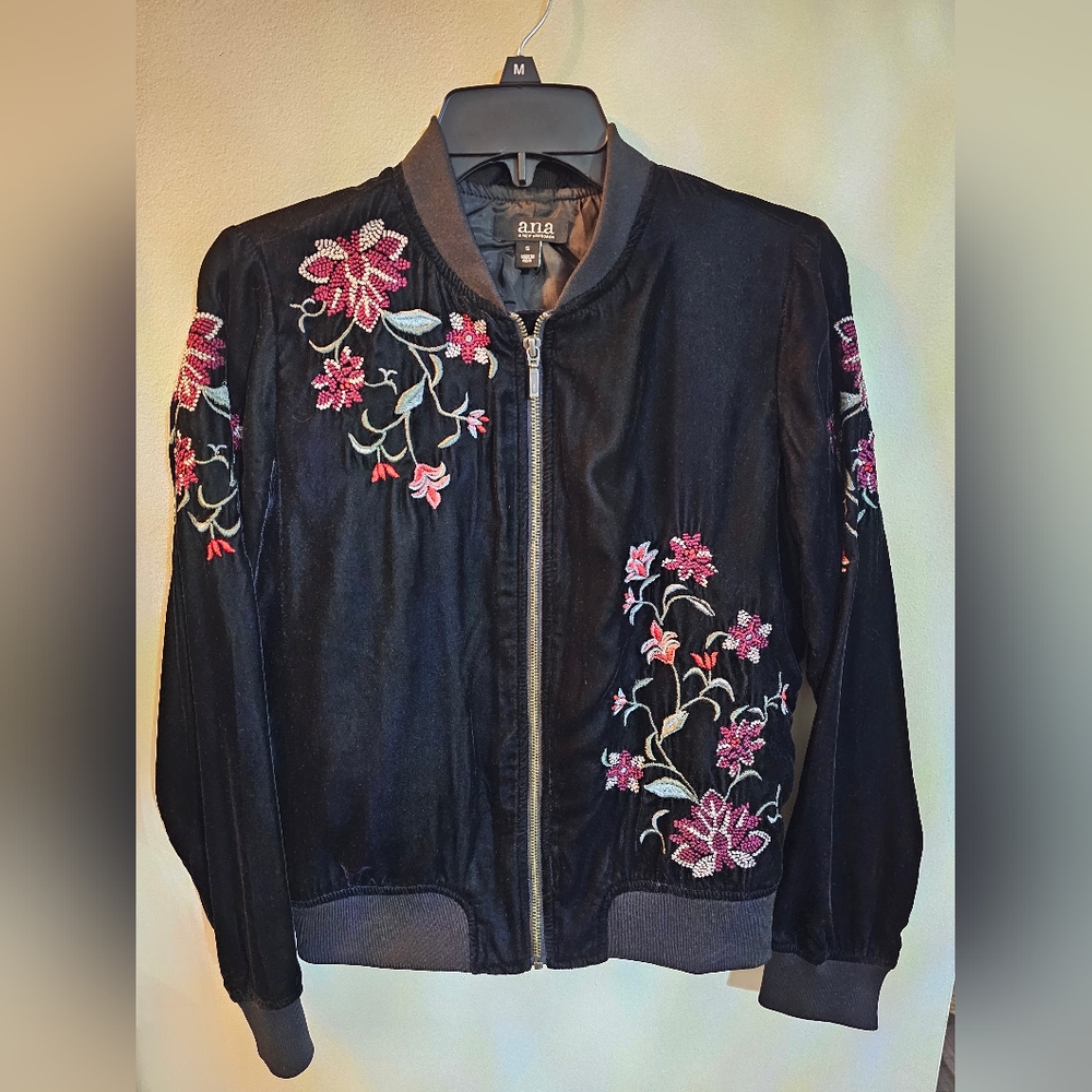 a.n.a Black, Pink, And Purple Bomber Jacket with Floral Embroidery